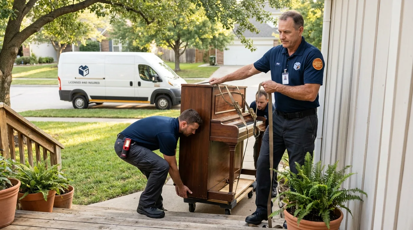 Licensed piano movers securing grand piano in Great Falls, MT