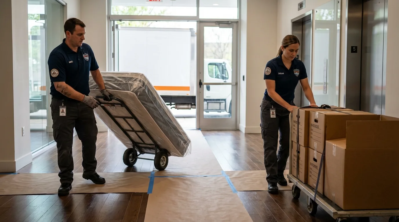 Professional apartment movers loading elevator in Great Falls, MT
